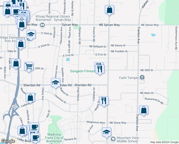 map of restaurants, bars, coffee shops, grocery stores, and more near 1928 Northeast 30th Street in Bremerton