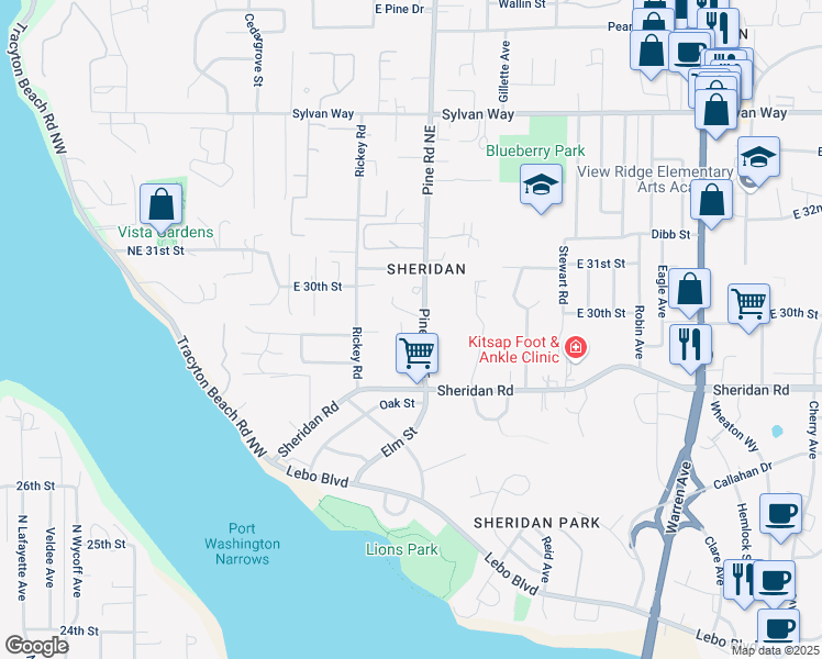 map of restaurants, bars, coffee shops, grocery stores, and more near 417 Magnolia Drive in Bremerton