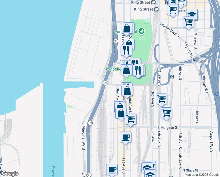 map of restaurants, bars, coffee shops, grocery stores, and more near 50 South Atlantic Street in Seattle