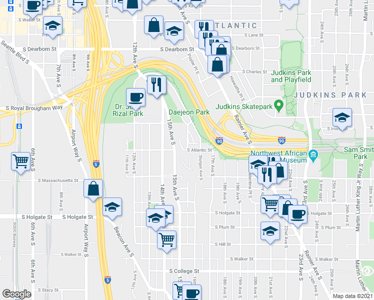 map of restaurants, bars, coffee shops, grocery stores, and more near 16th Avenue South & South Atlantic Street in Seattle