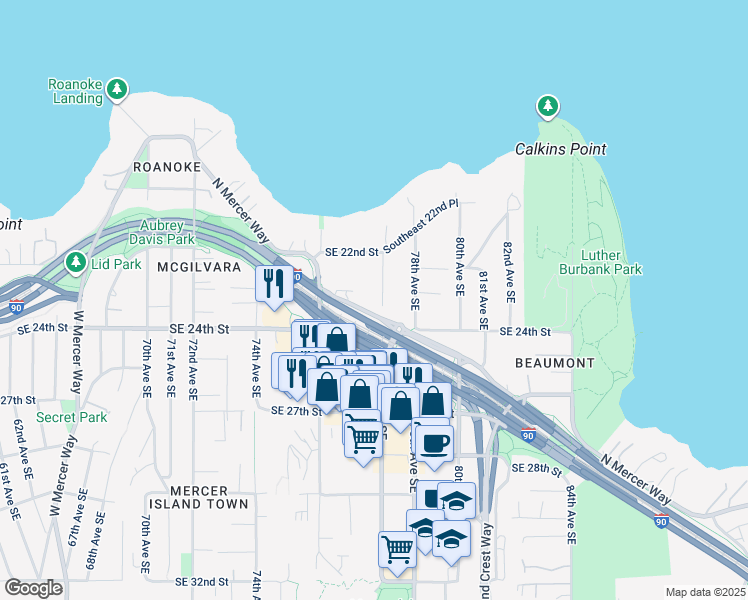 map of restaurants, bars, coffee shops, grocery stores, and more near 2228 77th Avenue Southeast in Mercer Island