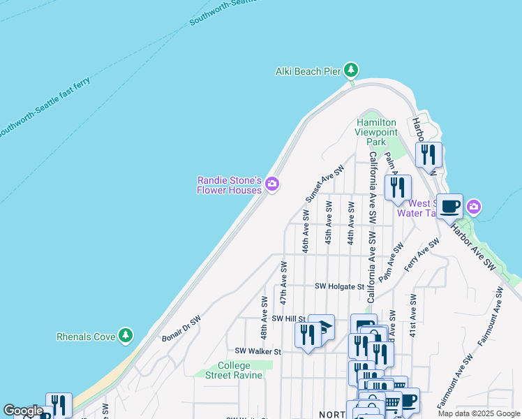 map of restaurants, bars, coffee shops, grocery stores, and more near 1402 Alki Avenue Southwest in Seattle