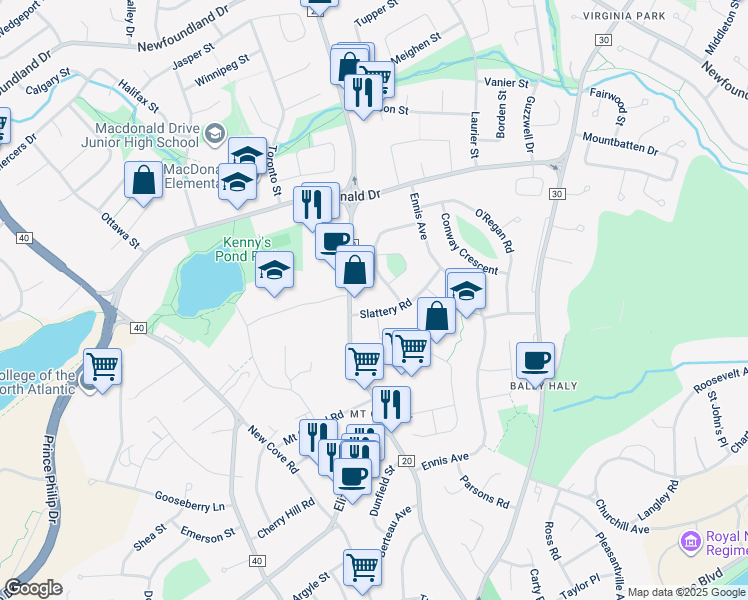 map of restaurants, bars, coffee shops, grocery stores, and more near 4 Wadland Terrace in St. John's