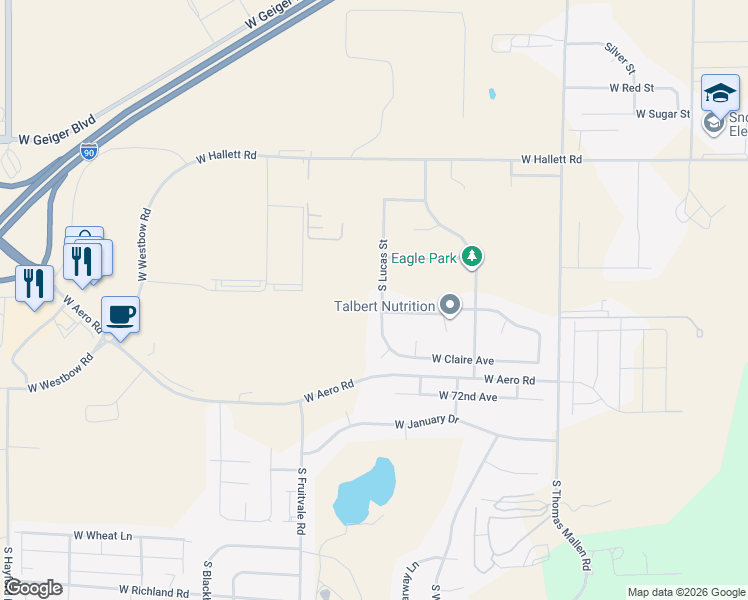 map of restaurants, bars, coffee shops, grocery stores, and more near 6918 South Lucas Street in Cheney