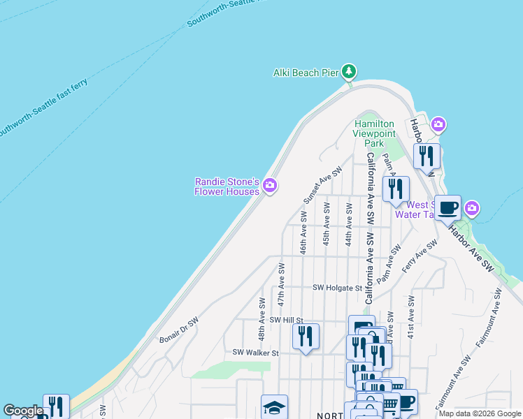 map of restaurants, bars, coffee shops, grocery stores, and more near 1514 Alki Avenue Southwest in Seattle