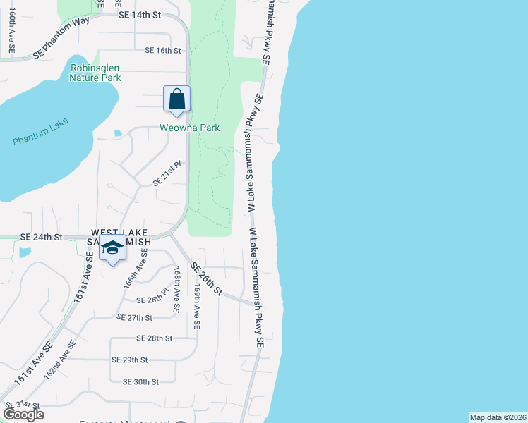 map of restaurants, bars, coffee shops, grocery stores, and more near 2228 West Lake Sammamish Parkway Southeast in Bellevue