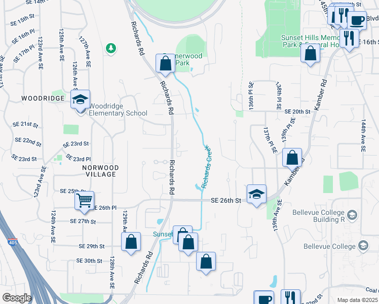 map of restaurants, bars, coffee shops, grocery stores, and more near 2220 132nd Avenue Southeast in Bellevue
