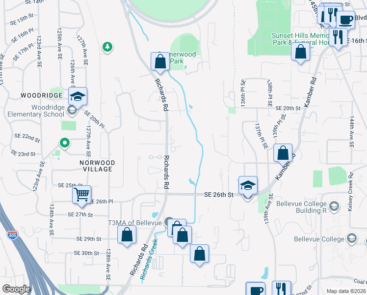map of restaurants, bars, coffee shops, grocery stores, and more near 2244 132nd Avenue Southeast in Bellevue