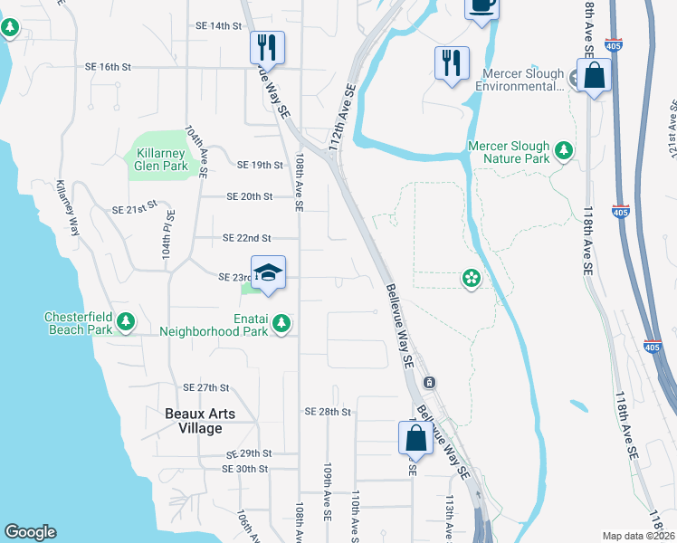 map of restaurants, bars, coffee shops, grocery stores, and more near 2221 109th Avenue Southeast in Bellevue