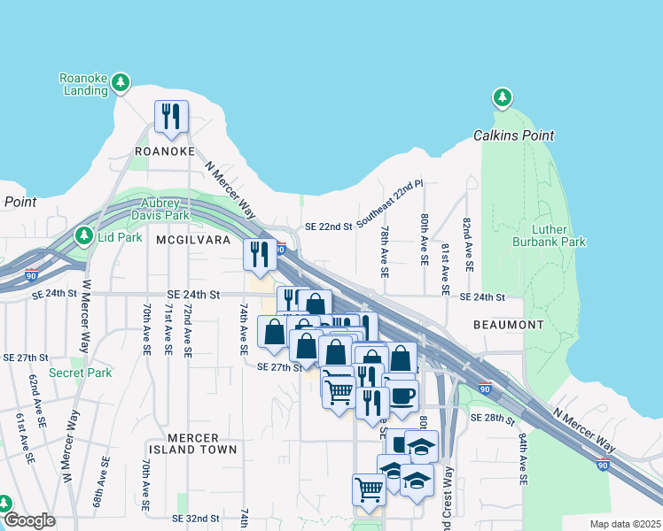 map of restaurants, bars, coffee shops, grocery stores, and more near 7646 North Mercer Way in Mercer Island