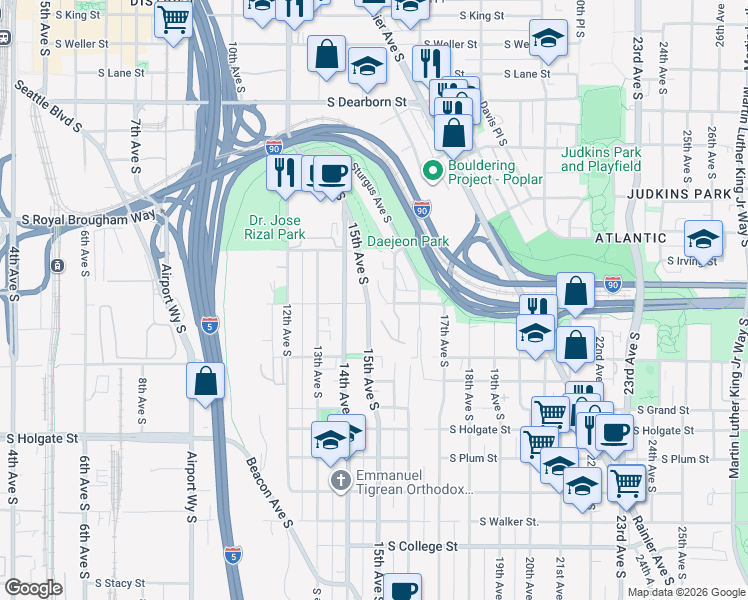 map of restaurants, bars, coffee shops, grocery stores, and more near 1320 Sander Road South in Seattle