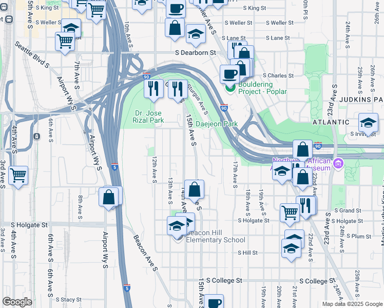 map of restaurants, bars, coffee shops, grocery stores, and more near 1332 14th Avenue South in Seattle