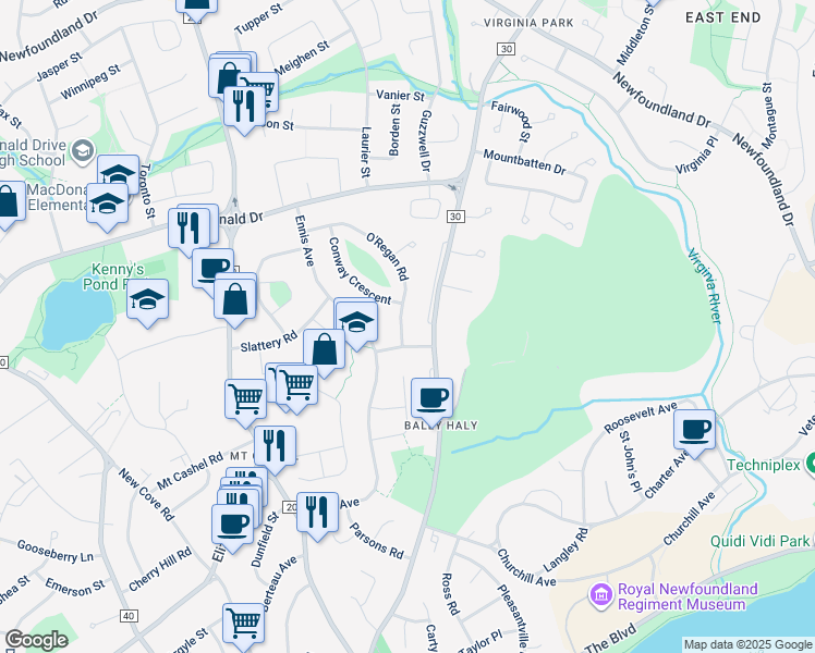map of restaurants, bars, coffee shops, grocery stores, and more near 8 O'Regan Road in St. John's