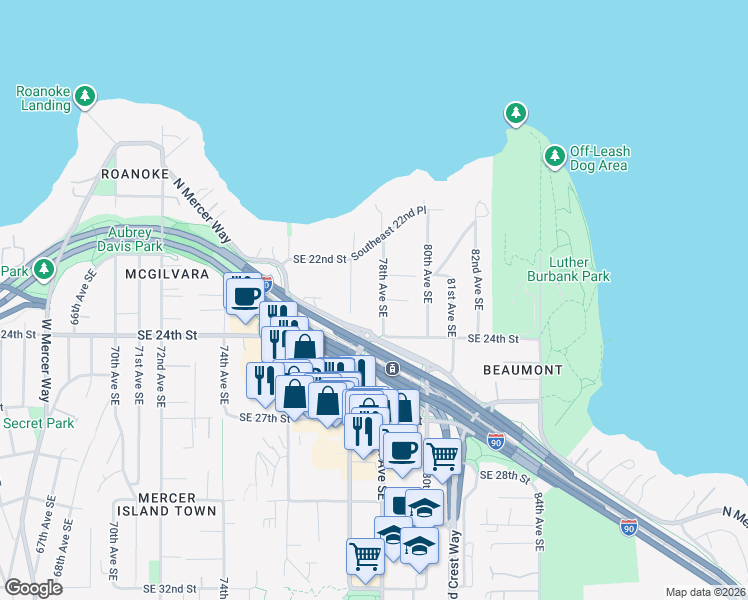 map of restaurants, bars, coffee shops, grocery stores, and more near 2258 78th Avenue Southeast in Mercer Island
