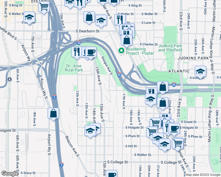 map of restaurants, bars, coffee shops, grocery stores, and more near 1341 16th Avenue South in Seattle