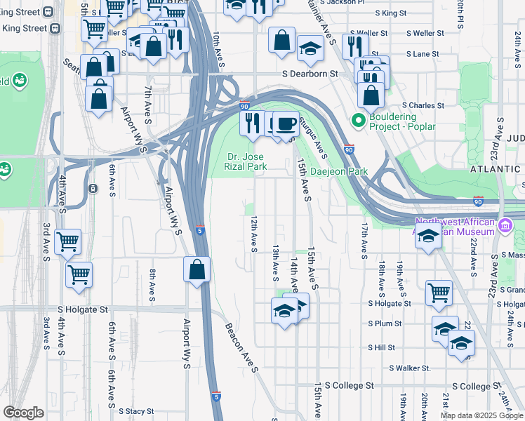 map of restaurants, bars, coffee shops, grocery stores, and more near 1429 12th Avenue South in Seattle