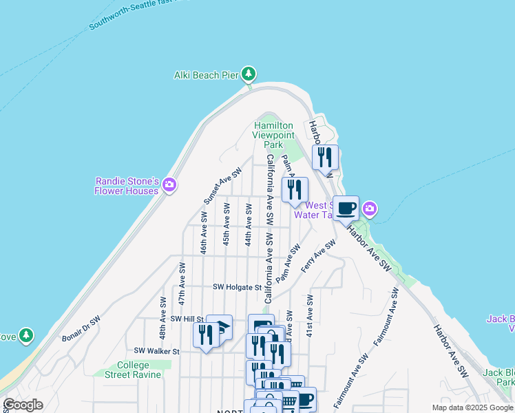 map of restaurants, bars, coffee shops, grocery stores, and more near 1501 California Avenue Southwest in Seattle