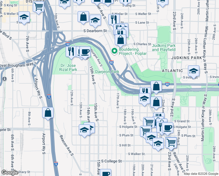 map of restaurants, bars, coffee shops, grocery stores, and more near 1350 Sturgus Avenue South in Seattle