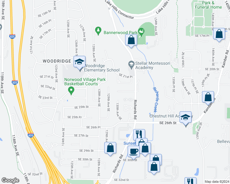 map of restaurants, bars, coffee shops, grocery stores, and more near 12917 Southeast 23rd Street in Bellevue