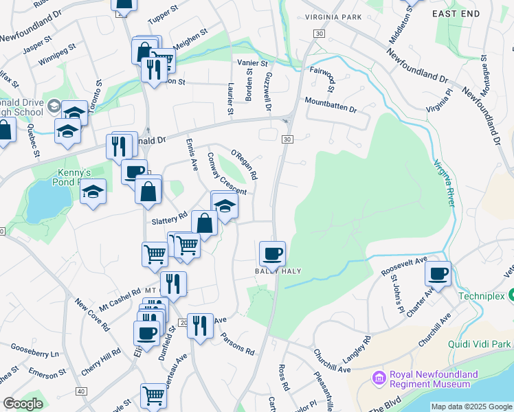 map of restaurants, bars, coffee shops, grocery stores, and more near 10 O'Regan Road in St. John's