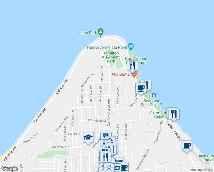 map of restaurants, bars, coffee shops, grocery stores, and more near 1501 California Avenue Southwest in Seattle
