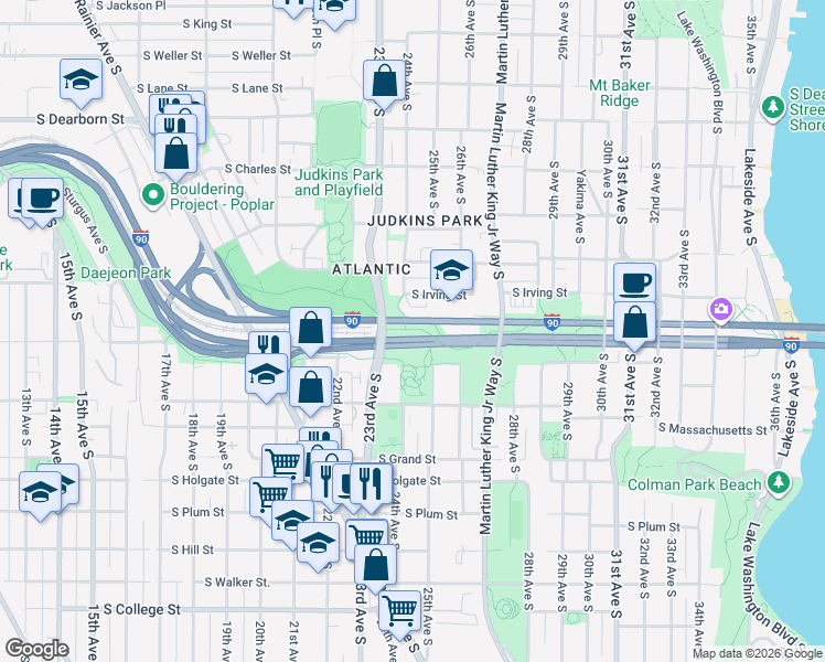 map of restaurants, bars, coffee shops, grocery stores, and more near Interstate 90 in Seattle