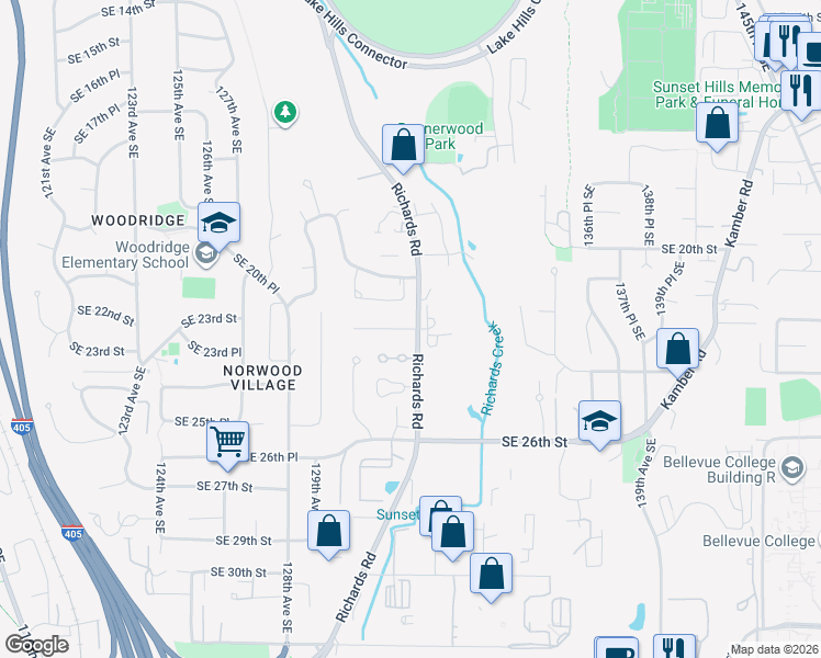 map of restaurants, bars, coffee shops, grocery stores, and more near 12982 SE 23rd St in Bellevue