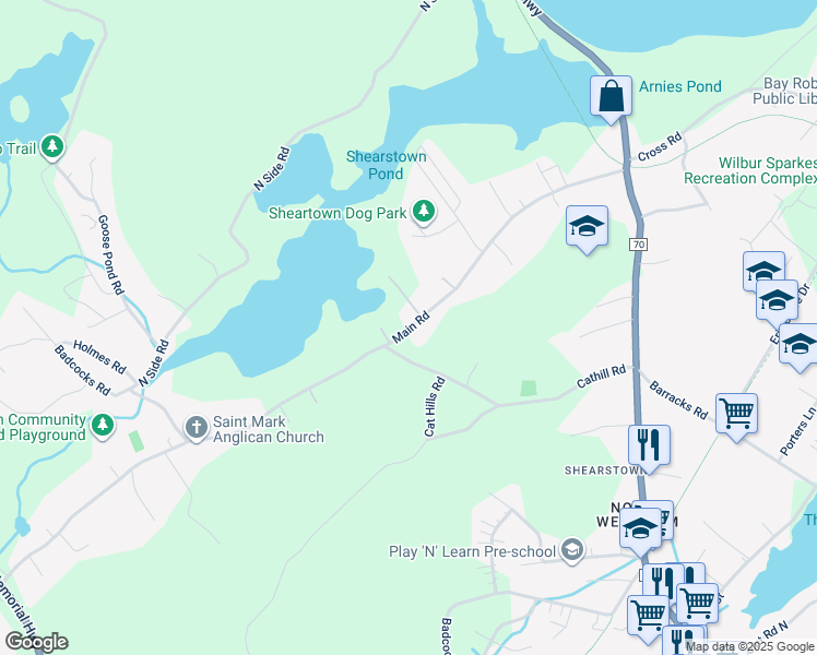 map of restaurants, bars, coffee shops, grocery stores, and more near 100 Shearstown Road in Bay Roberts