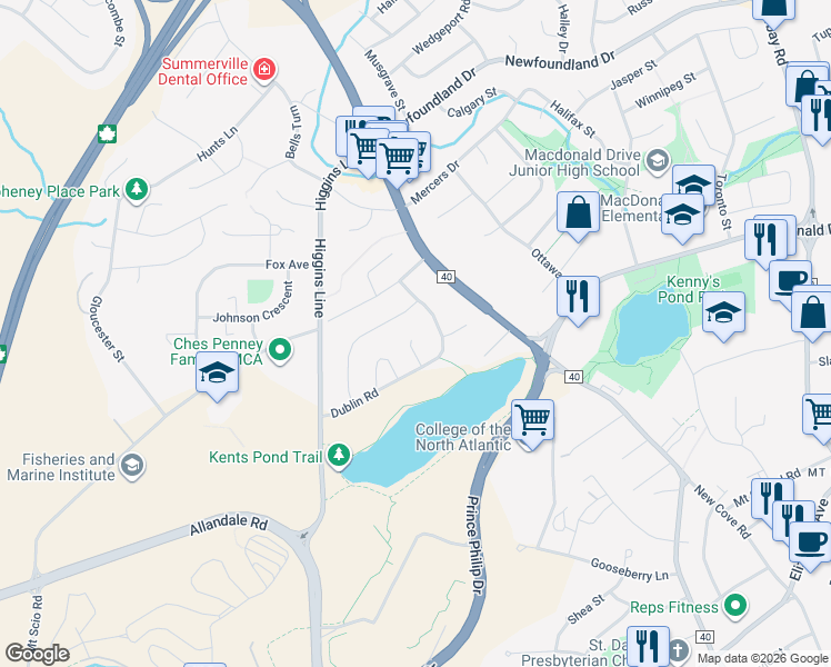 map of restaurants, bars, coffee shops, grocery stores, and more near 6 Somerset Place in St. John's
