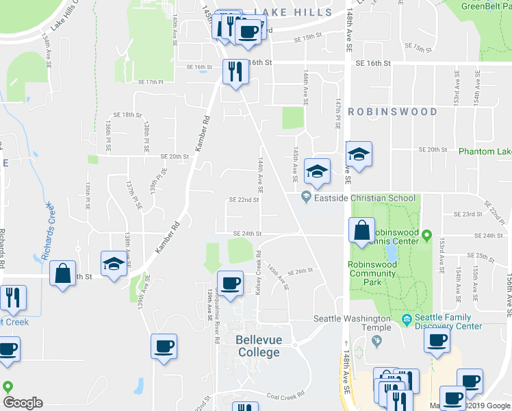 map of restaurants, bars, coffee shops, grocery stores, and more near 2202 144th Avenue Southeast in Bellevue