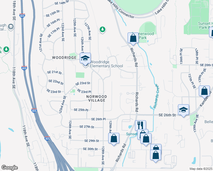 map of restaurants, bars, coffee shops, grocery stores, and more near 2308 128th Avenue Southeast in Bellevue