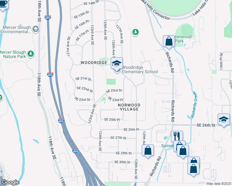 map of restaurants, bars, coffee shops, grocery stores, and more near 12335 Southeast 23rd Street in Bellevue