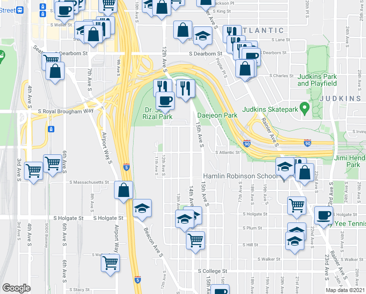 map of restaurants, bars, coffee shops, grocery stores, and more near 1342 13th Avenue South in Seattle
