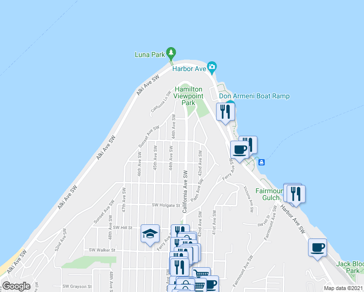 map of restaurants, bars, coffee shops, grocery stores, and more near 1501 California Avenue Southwest in Seattle