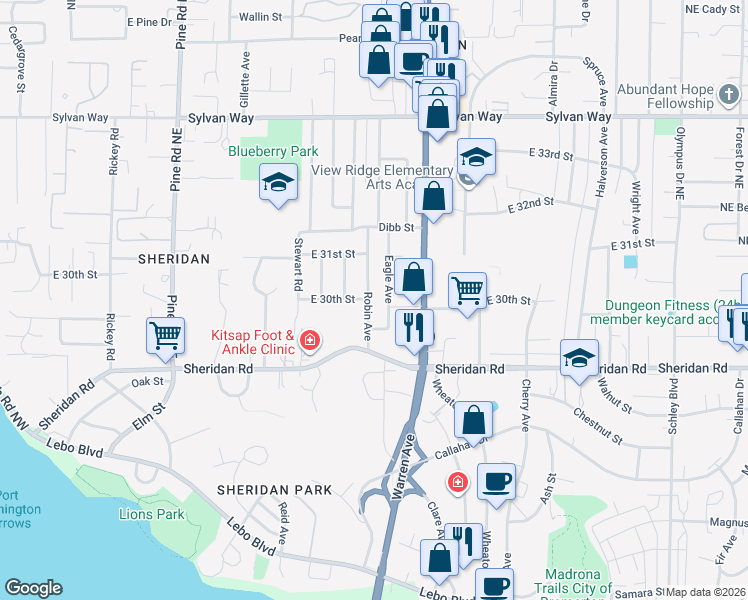 map of restaurants, bars, coffee shops, grocery stores, and more near 2920 Eagle Avenue in Bremerton