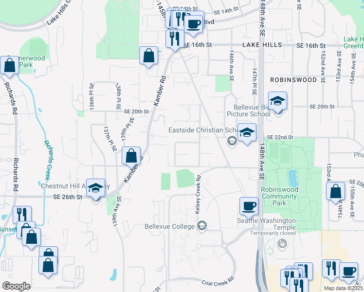 map of restaurants, bars, coffee shops, grocery stores, and more near 14211 Southeast 22nd Street in Bellevue