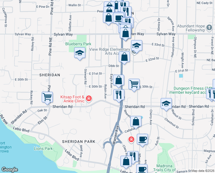 map of restaurants, bars, coffee shops, grocery stores, and more near 2920 Eagle Avenue in Bremerton