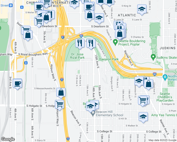map of restaurants, bars, coffee shops, grocery stores, and more near 1342 13th Avenue South in Seattle