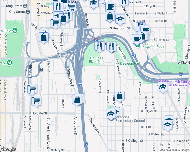 map of restaurants, bars, coffee shops, grocery stores, and more near 1429 12th Avenue South in Seattle