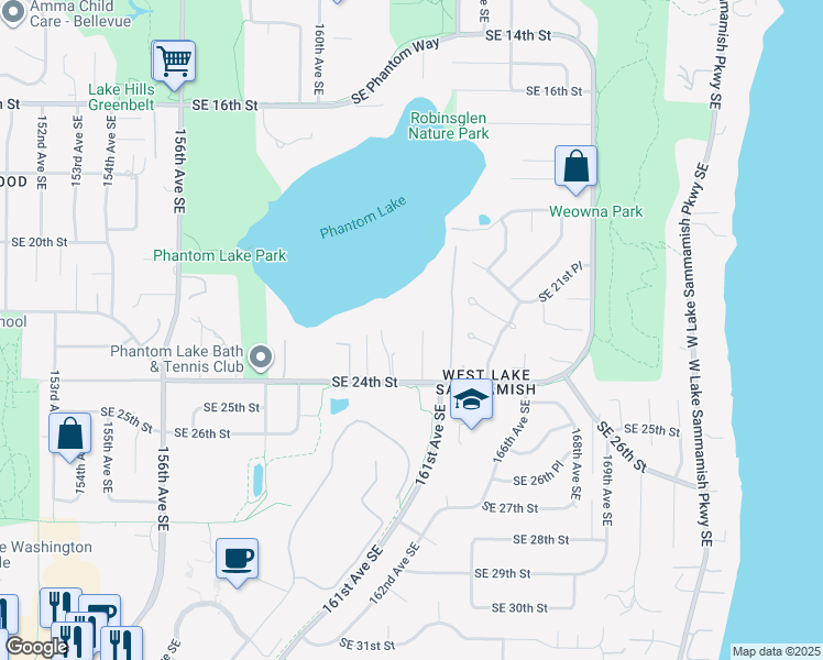 map of restaurants, bars, coffee shops, grocery stores, and more near 16222 Southeast 24th Street in Bellevue