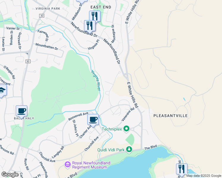 map of restaurants, bars, coffee shops, grocery stores, and more near Janeway Place in St. John's