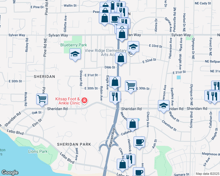 map of restaurants, bars, coffee shops, grocery stores, and more near 2920 Eagle Avenue in Bremerton