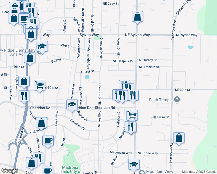 map of restaurants, bars, coffee shops, grocery stores, and more near 1928 Northeast 30th Street in Bremerton