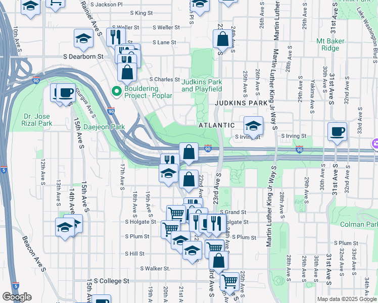 map of restaurants, bars, coffee shops, grocery stores, and more near Interstate 90 in Seattle