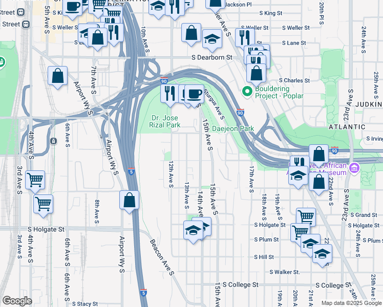 map of restaurants, bars, coffee shops, grocery stores, and more near 1342 13th Avenue South in Seattle
