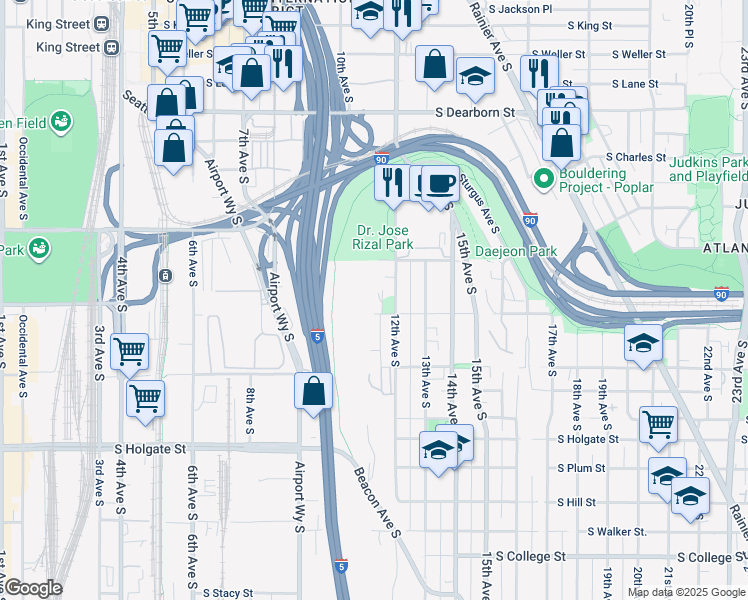 map of restaurants, bars, coffee shops, grocery stores, and more near 1429 12th Avenue South in Seattle