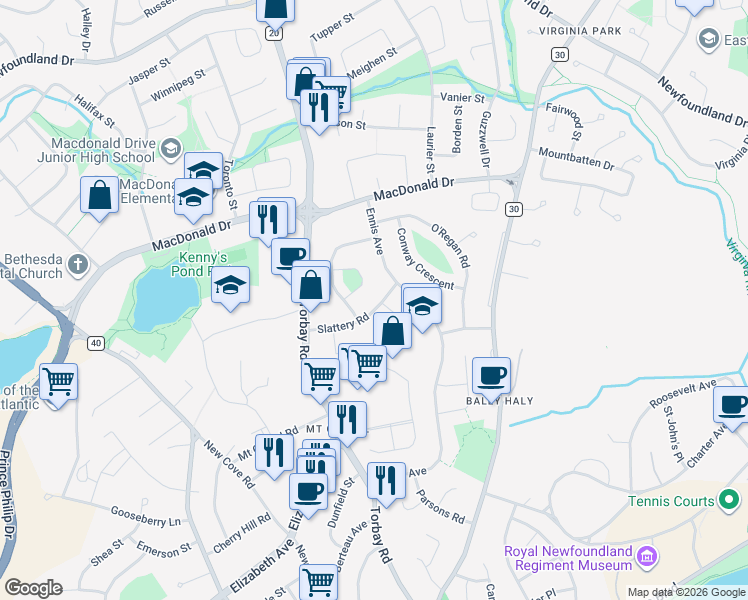 map of restaurants, bars, coffee shops, grocery stores, and more near 39 Slattery Road in St. John's