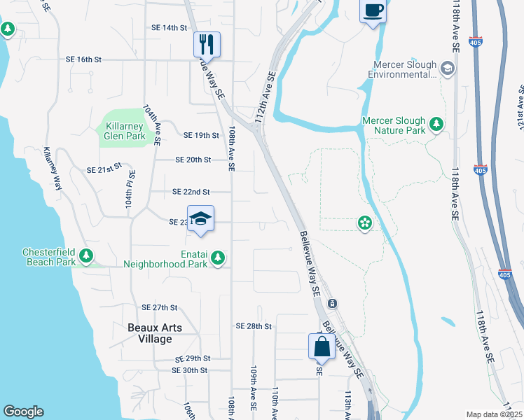 map of restaurants, bars, coffee shops, grocery stores, and more near 2221 109th Avenue Southeast in Bellevue