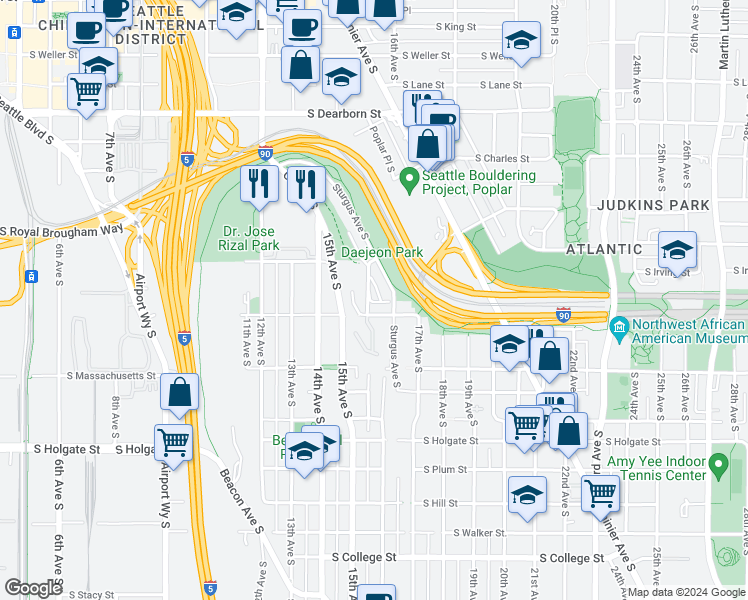 map of restaurants, bars, coffee shops, grocery stores, and more near 1341 16th Avenue South in Seattle