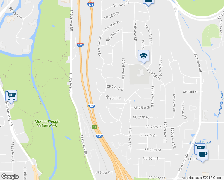 map of restaurants, bars, coffee shops, grocery stores, and more near 12115 Southeast 22nd Street in Bellevue